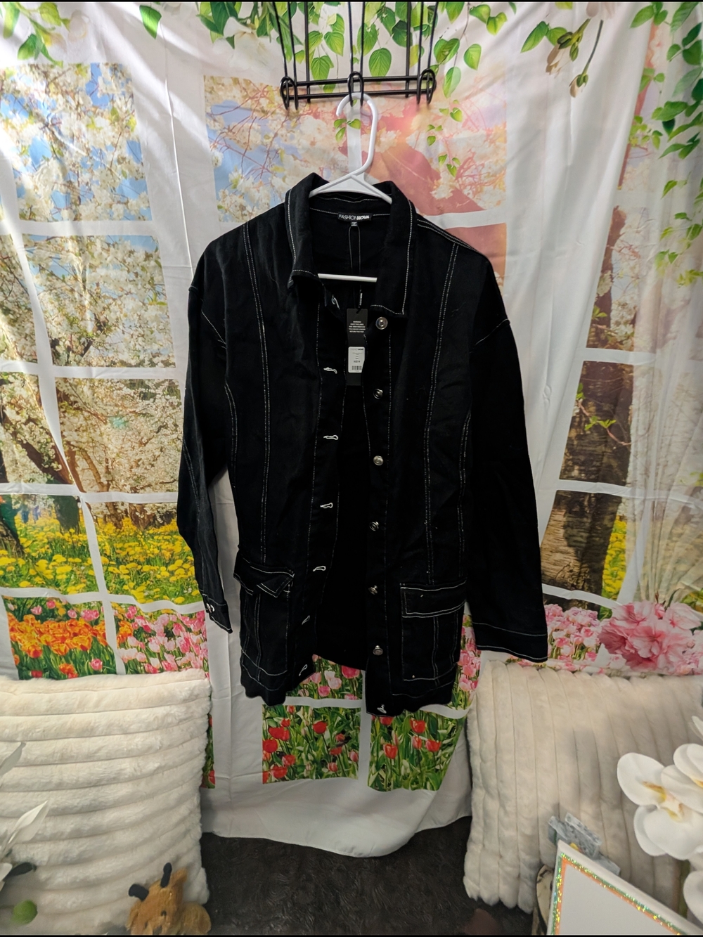 Fashion Nova Black Jean Jacket with Contrast Stitching